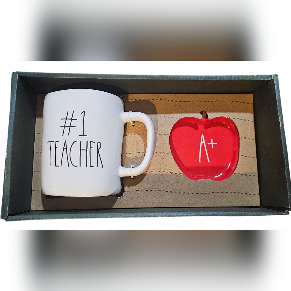 Rae Dunn - NEW #1 Teacher 16oz. Mug and Apple Trinket Tray Set Great Gift
